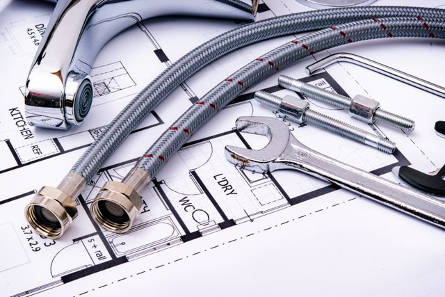 plumbing tools on a blueprint